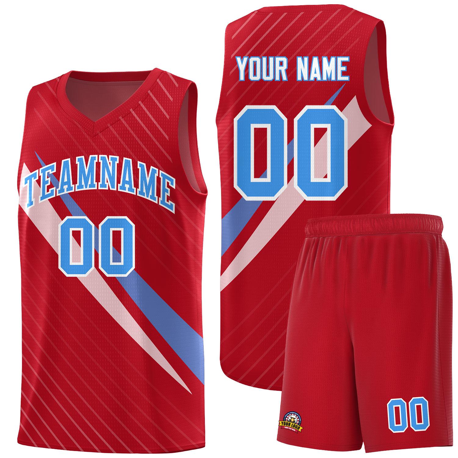 Custom Red Diagonal Pinstripe Pattern Color Block Sports Uniform Basketball Jersey