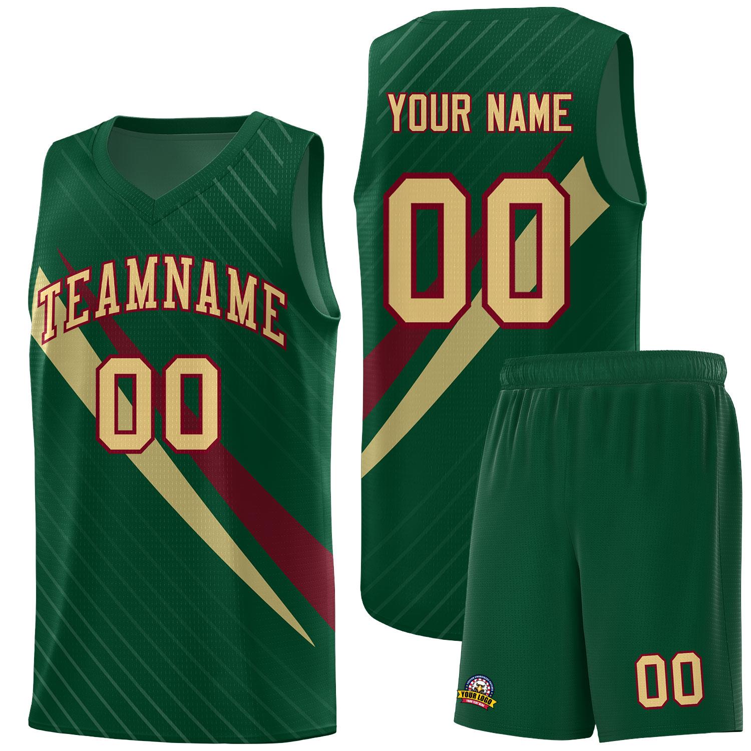 Custom Hunter Green Diagonal Pinstripe Pattern Color Block Sports Uniform Basketball Jersey
