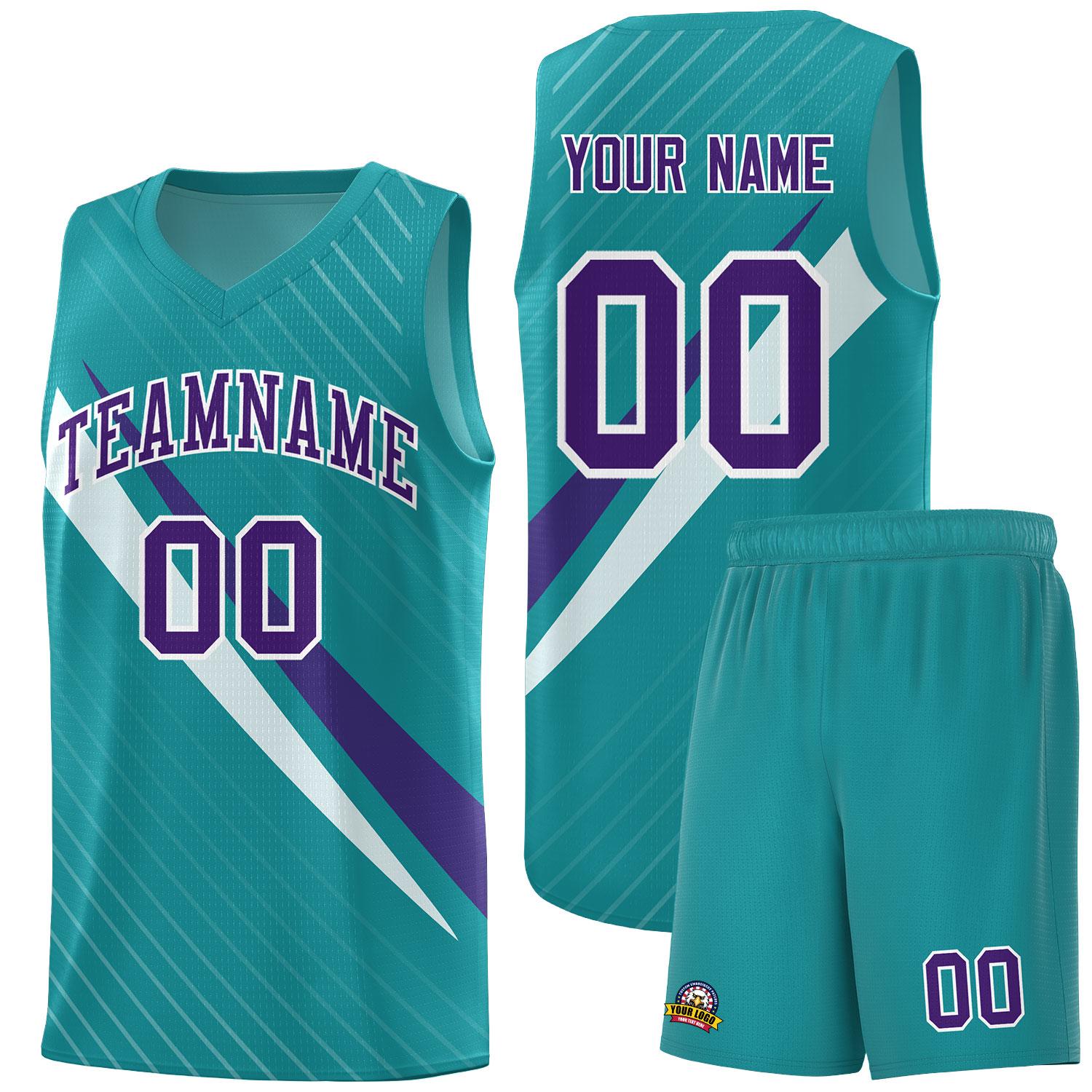 Custom Aqua Diagonal Pinstripe Pattern Color Block Sports Uniform Basketball Jersey