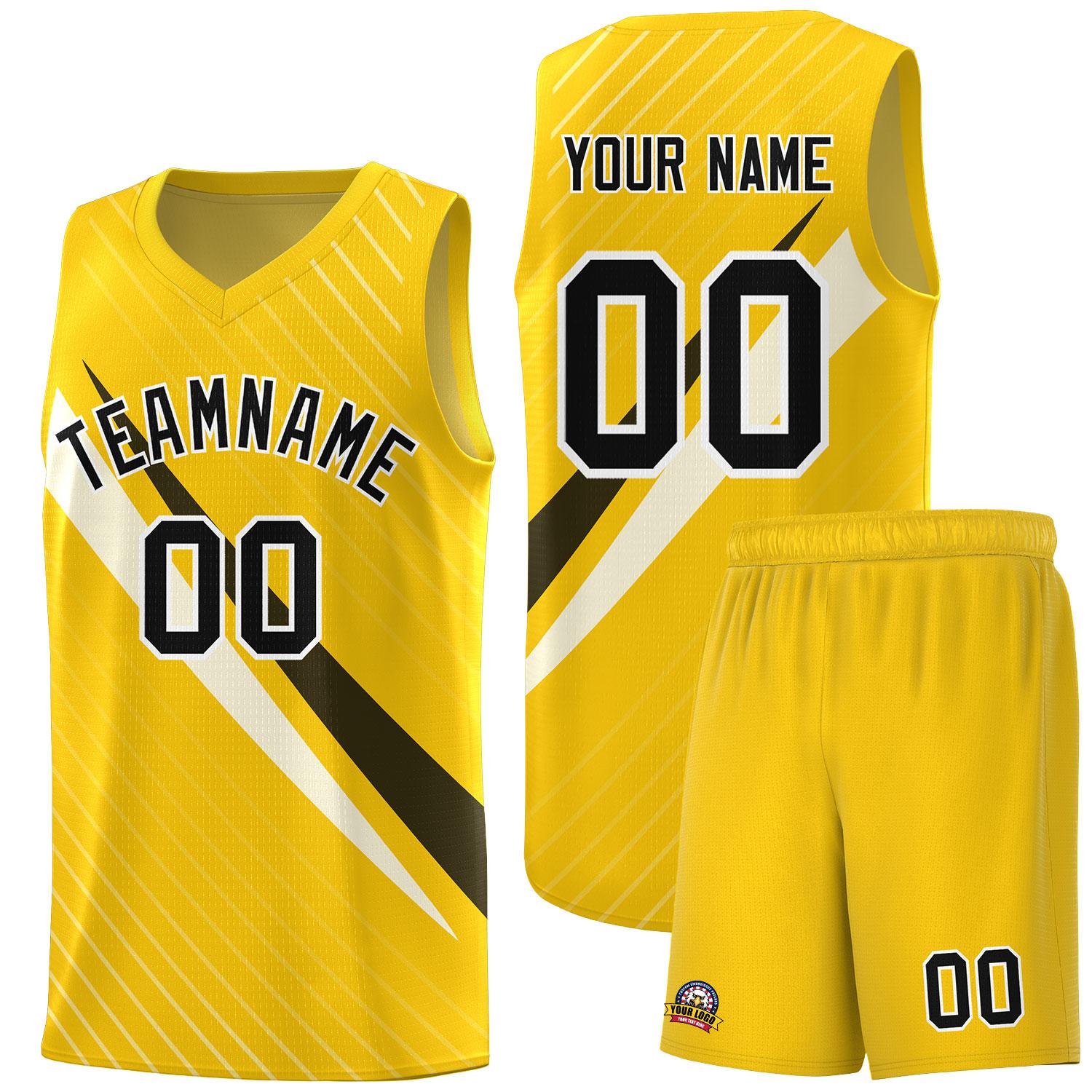 Custom Gold Diagonal Pinstripe Pattern Color Block Sports Uniform Basketball Jersey