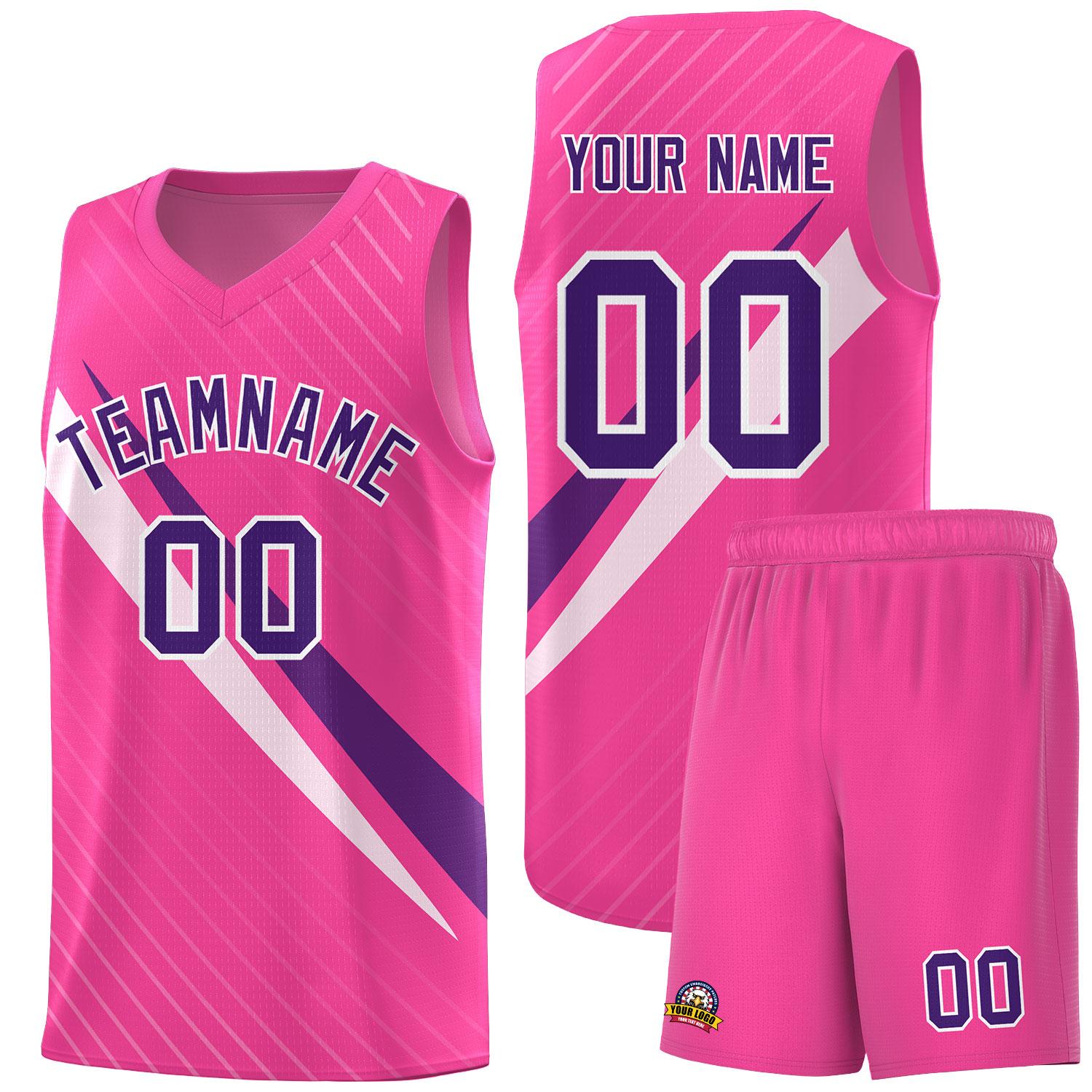 Custom Pink Diagonal Pinstripe Pattern Color Block Sports Uniform Basketball Jersey