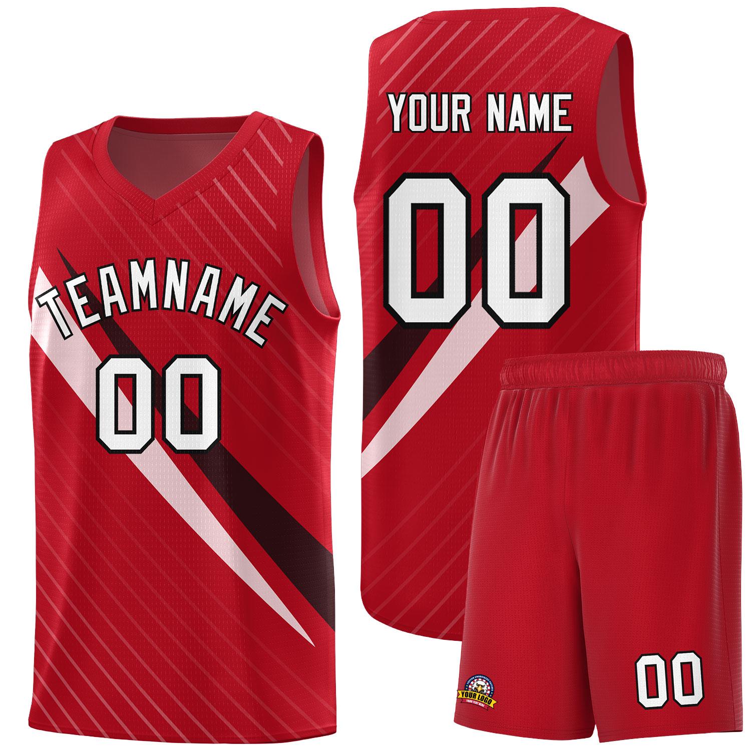 Custom Red Diagonal Pinstripe Pattern Color Block Sports Uniform Basketball Jersey