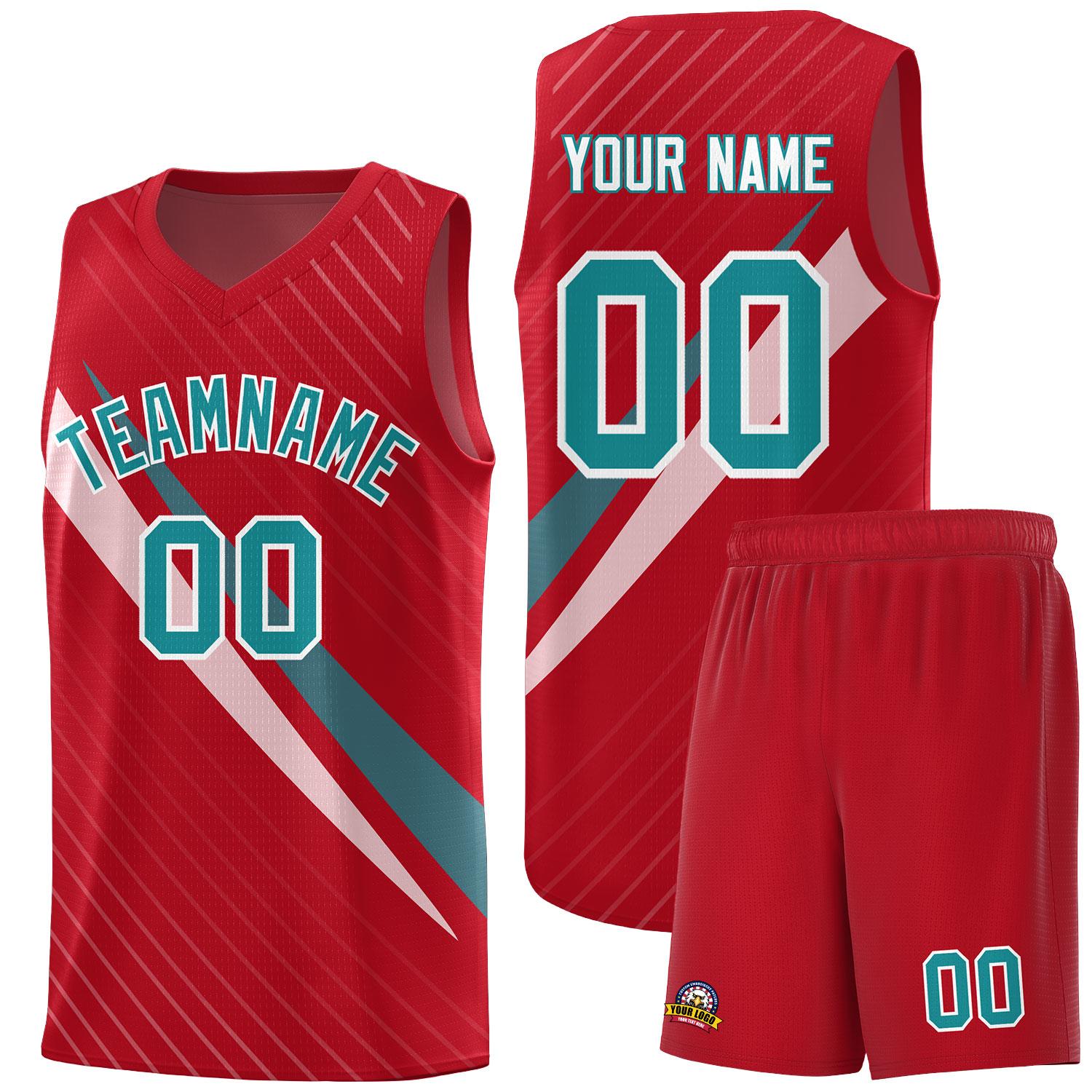Custom Red Diagonal Pinstripe Pattern Color Block Sports Uniform Basketball Jersey