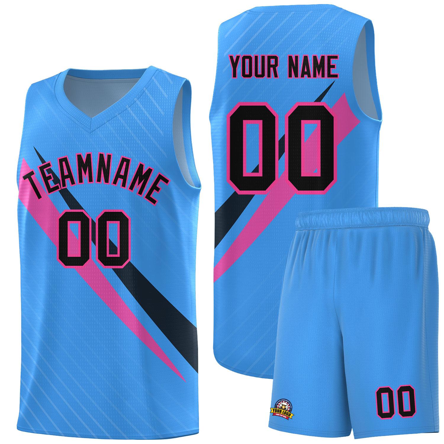 Custom Light Blue Diagonal Pinstripe Pattern Color Block Sports Uniform Basketball Jersey