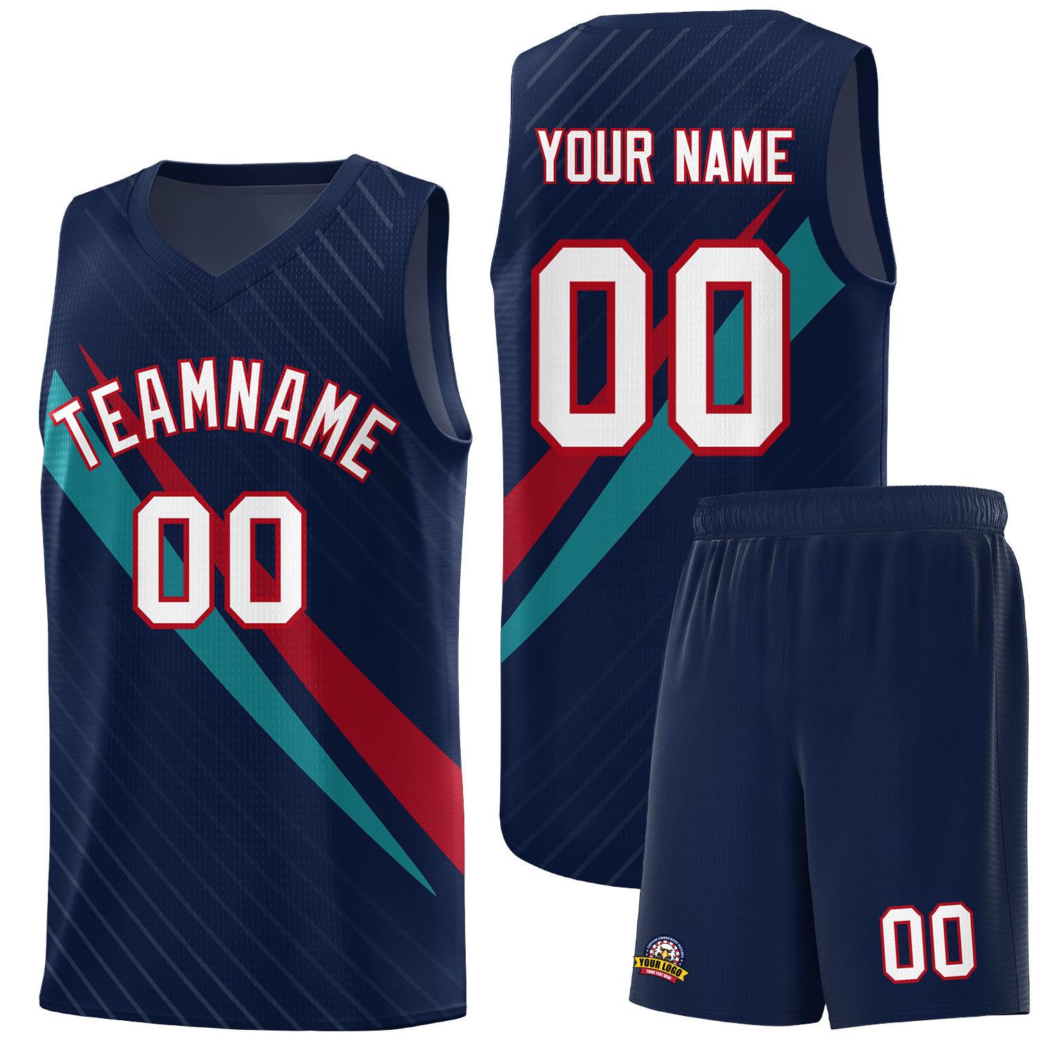 Custom Navy Diagonal Pinstripe Pattern Color Block Sports Uniform Basketball Jersey