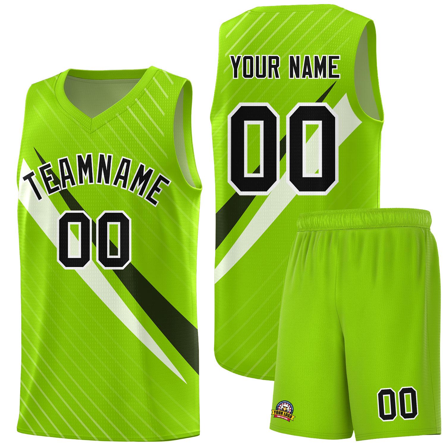 Custom Neon Green Diagonal Pinstripe Pattern Color Block Sports Uniform Basketball Jersey
