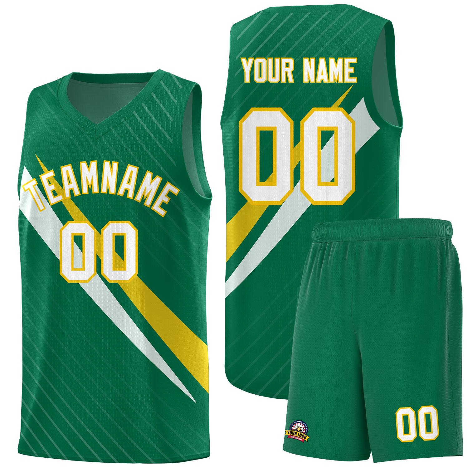 Custom Kelly Green Diagonal Pinstripe Pattern Color Block Sports Uniform Basketball Jersey
