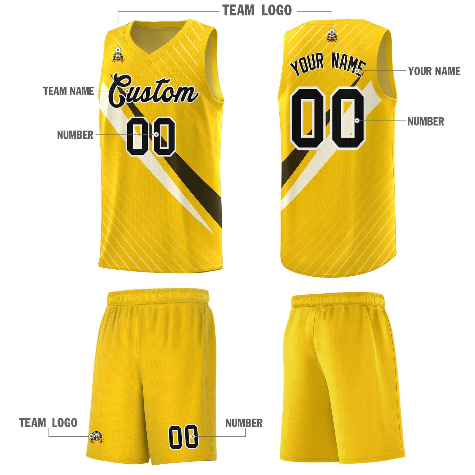 Custom Gold Diagonal Pinstripe Pattern Color Block Sports Uniform Basketball Jersey