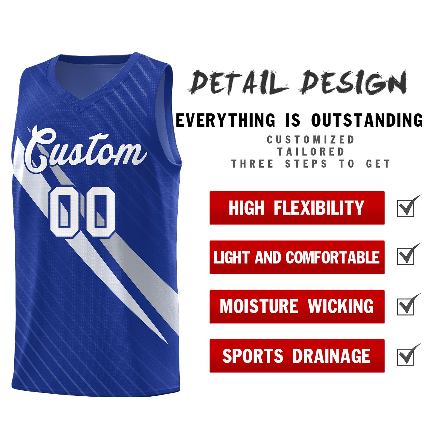 Custom Royal Diagonal Pinstripe Pattern Color Block Sports Uniform Basketball Jersey