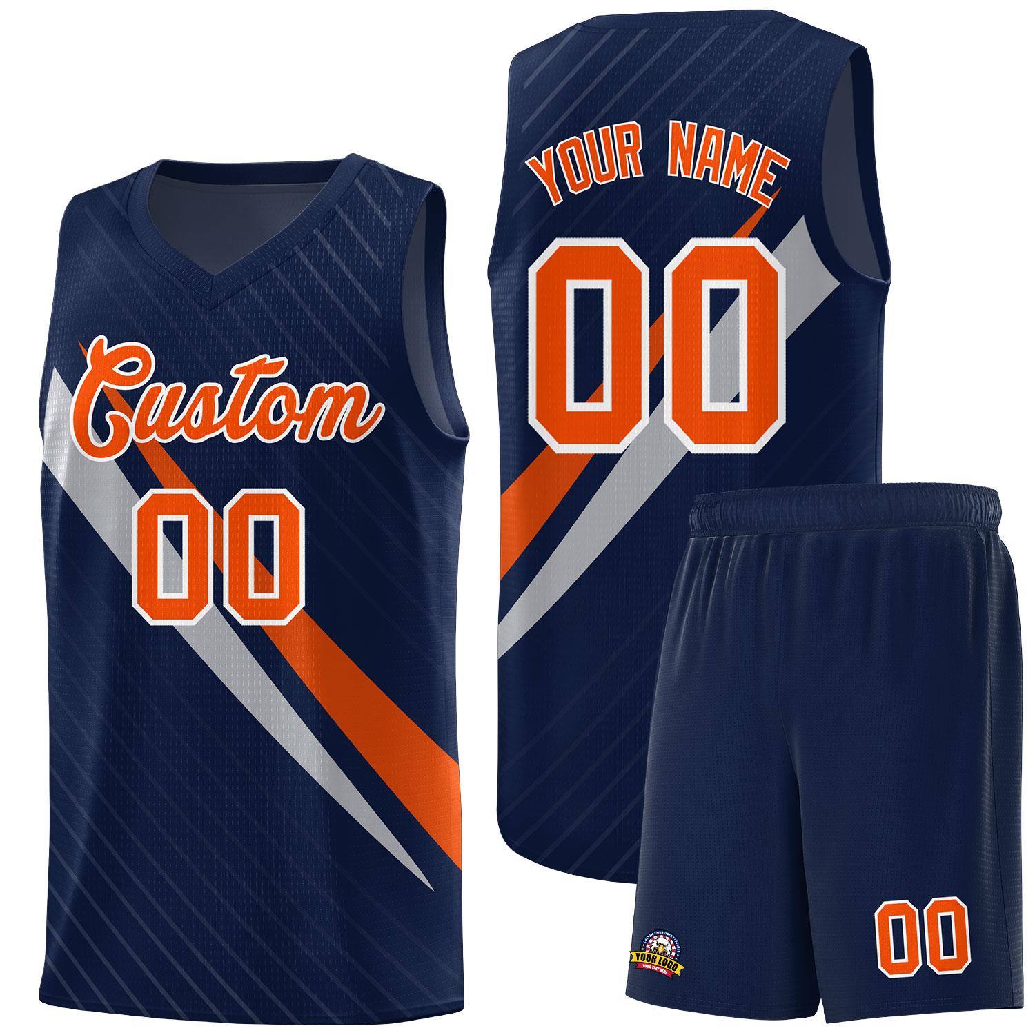 Custom Navy Diagonal Pinstripe Pattern Color Block Sports Uniform Basketball Jersey