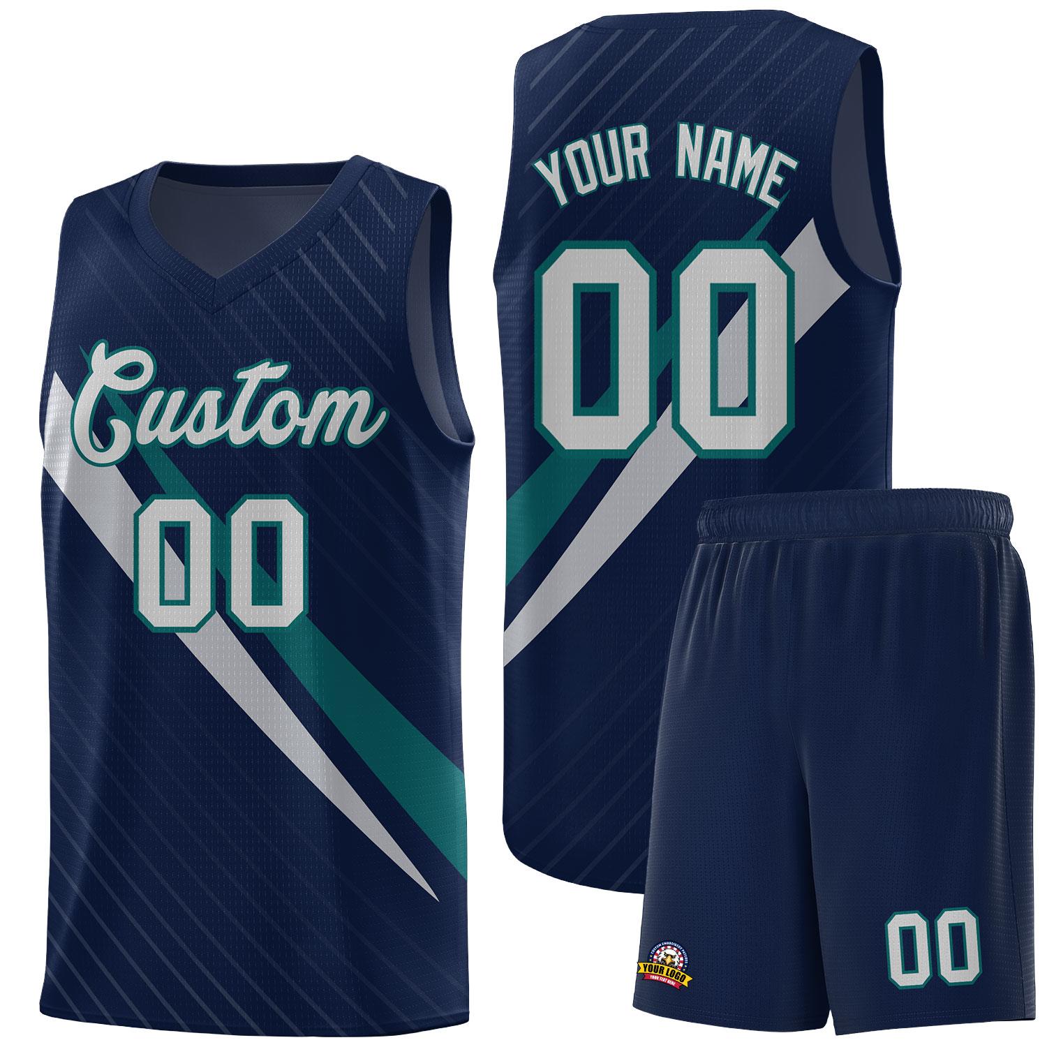 Custom Navy Diagonal Pinstripe Pattern Color Block Sports Uniform Basketball Jersey