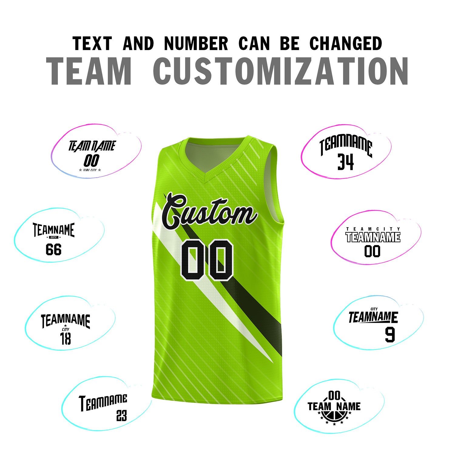 Custom Neon Green Diagonal Pinstripe Pattern Color Block Sports Uniform Basketball Jersey