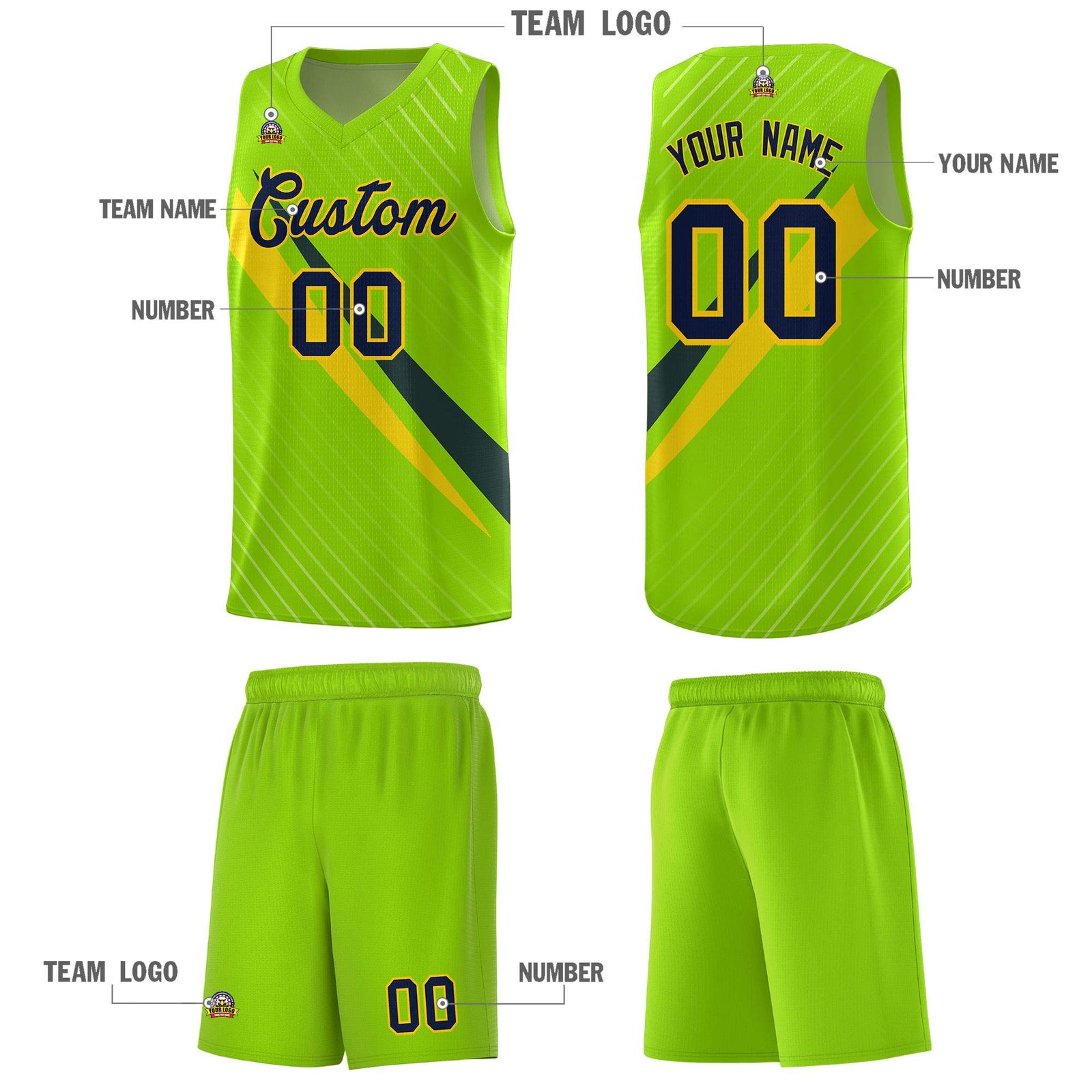 Custom Neon Green Diagonal Pinstripe Pattern Color Block Sports Uniform Basketball Jersey