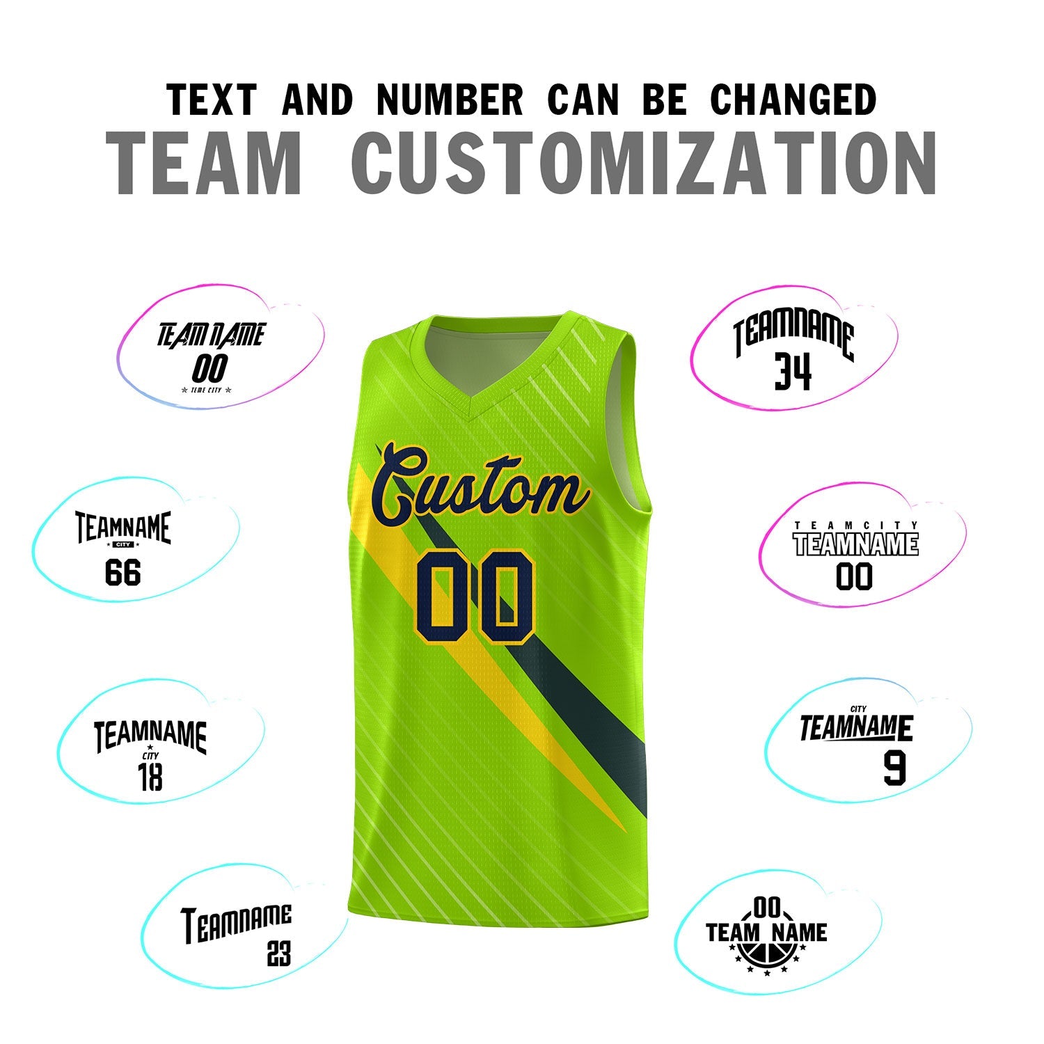 Custom Neon Green Diagonal Pinstripe Pattern Color Block Sports Uniform Basketball Jersey