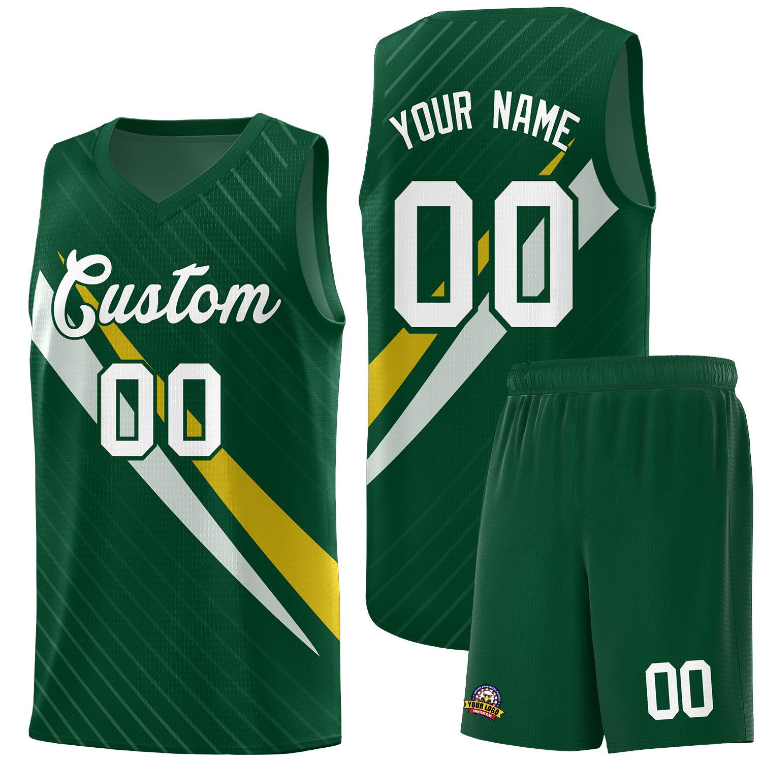 Custom Hunter Green Diagonal Pinstripe Pattern Color Block Sports Uniform Basketball Jersey