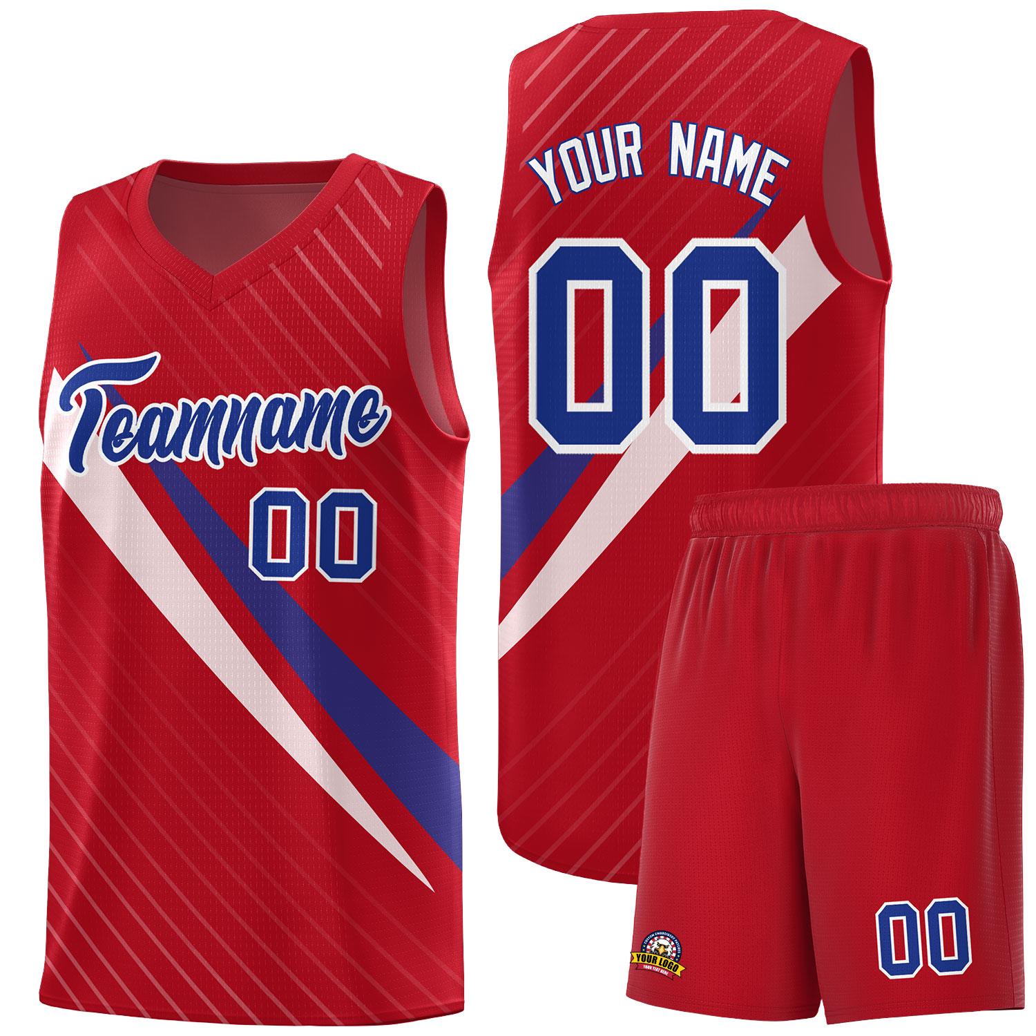 Custom Red Diagonal Pinstripe Pattern Color Block Sports Uniform Basketball Jersey