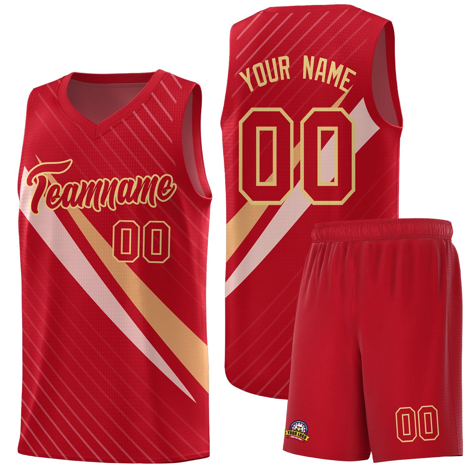 Custom Red Diagonal Pinstripe Pattern Color Block Sports Uniform Basketball Jersey