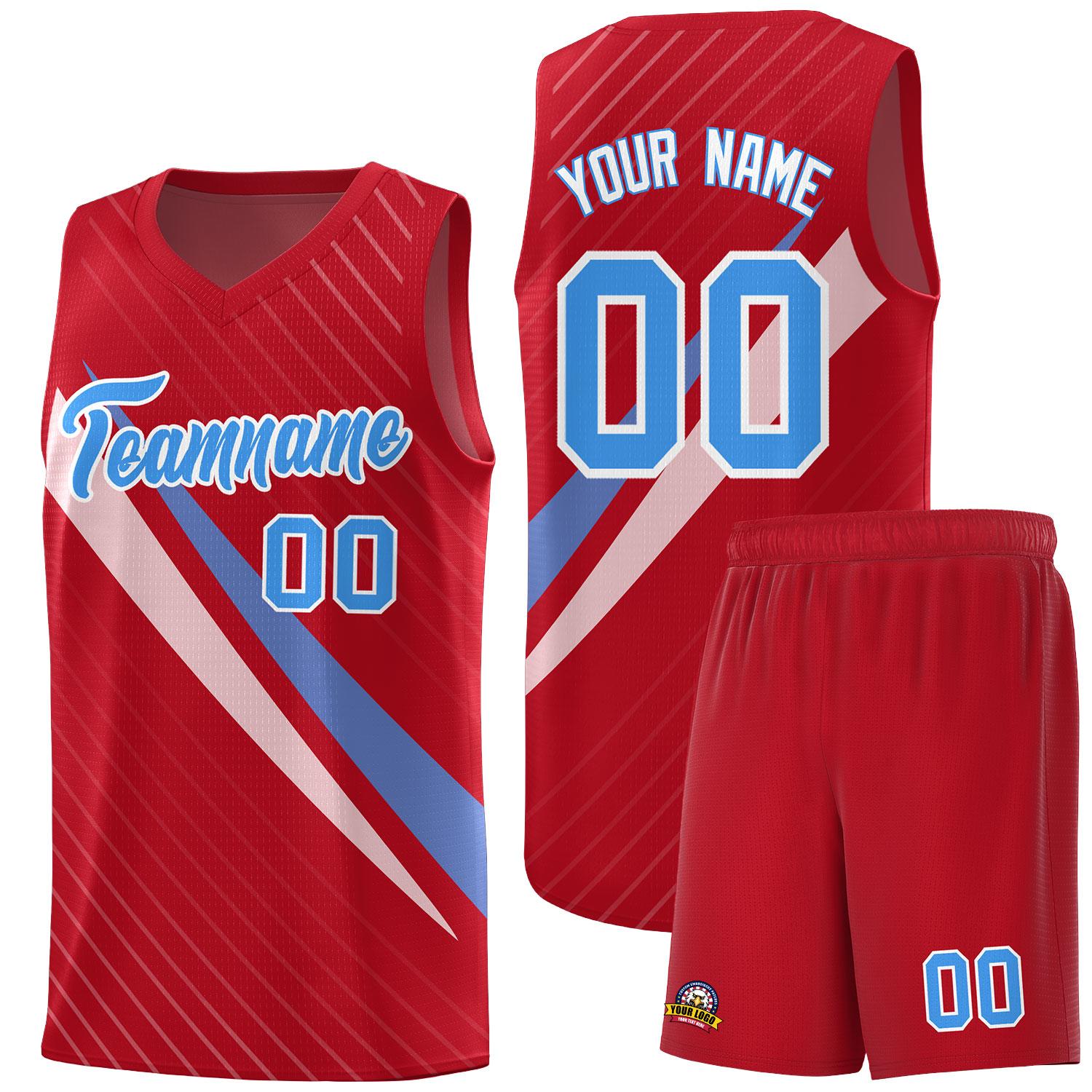 Custom Red Diagonal Pinstripe Pattern Color Block Sports Uniform Basketball Jersey
