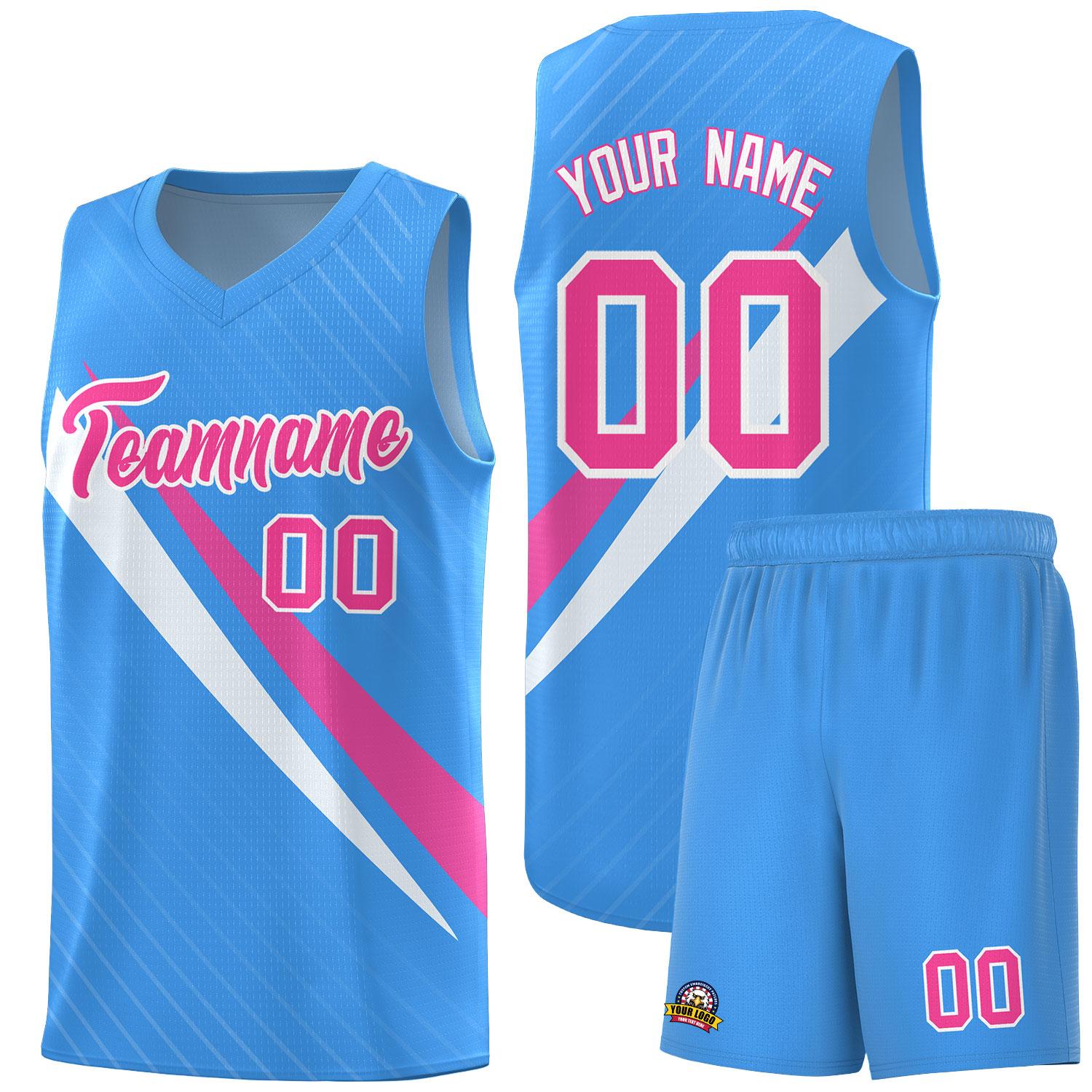 Custom Light Blue Diagonal Pinstripe Pattern Color Block Sports Uniform Basketball Jersey