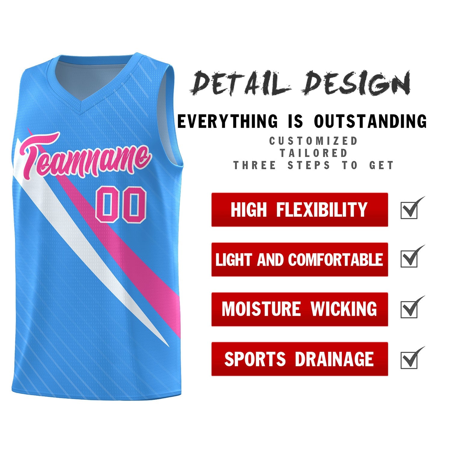 Custom Light Blue Diagonal Pinstripe Pattern Color Block Sports Uniform Basketball Jersey