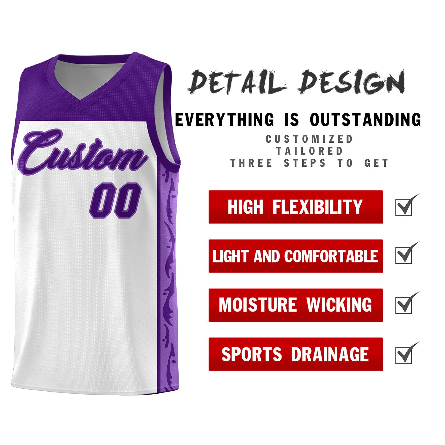 Custom White Side Pattern Sports Uniform Basketball Jersey