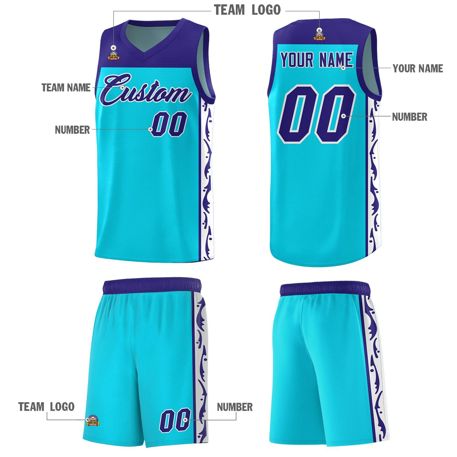 Custom Sky Blue Side Pattern Sports Uniform Basketball Jersey