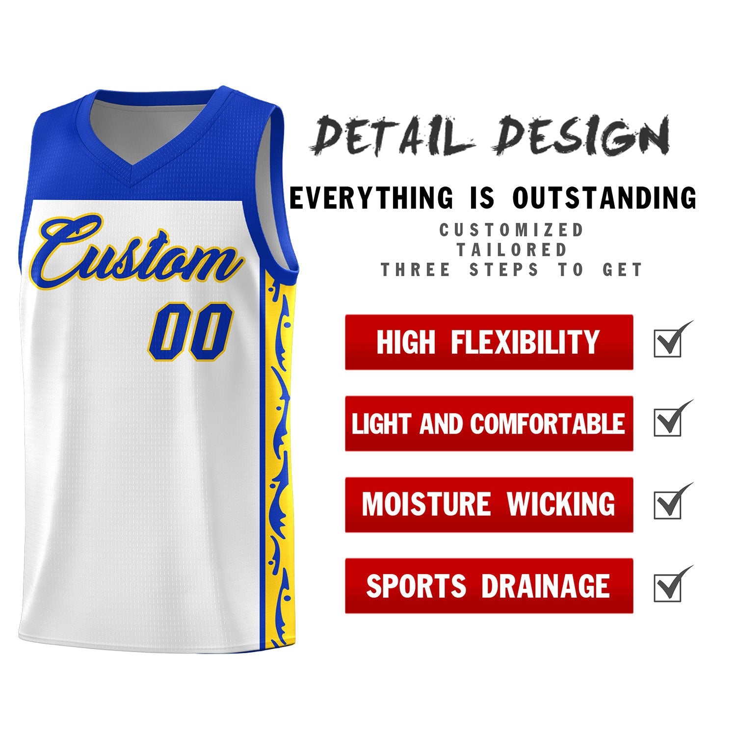 Custom White Side Pattern Sports Uniform Basketball Jersey