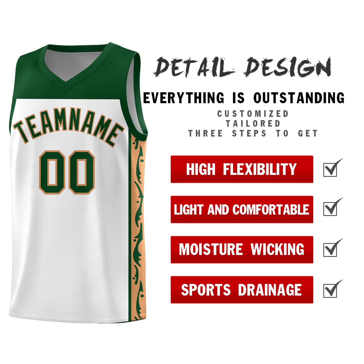 Custom White Side Pattern Sports Uniform Basketball Jersey