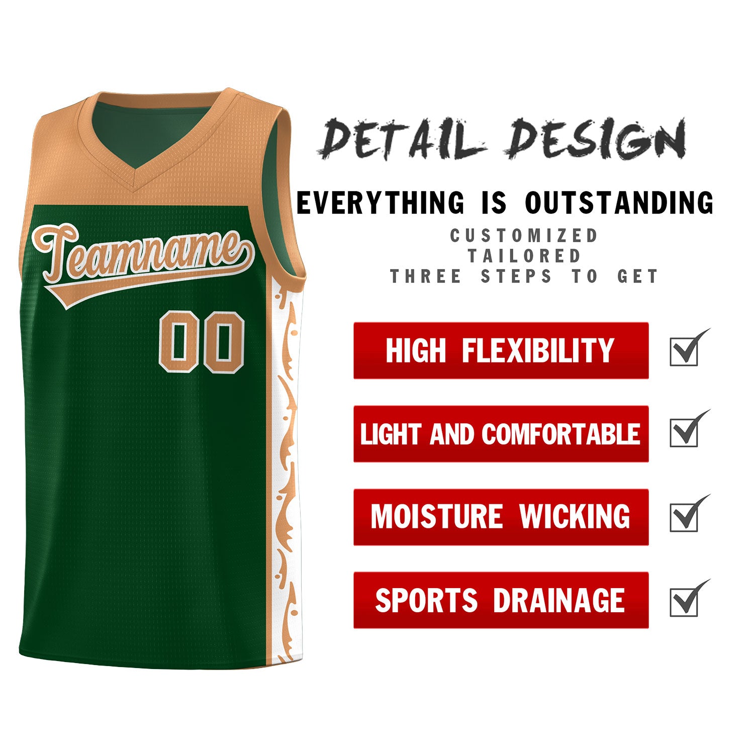 Custom Green Side Pattern Sports Uniform Basketball Jersey