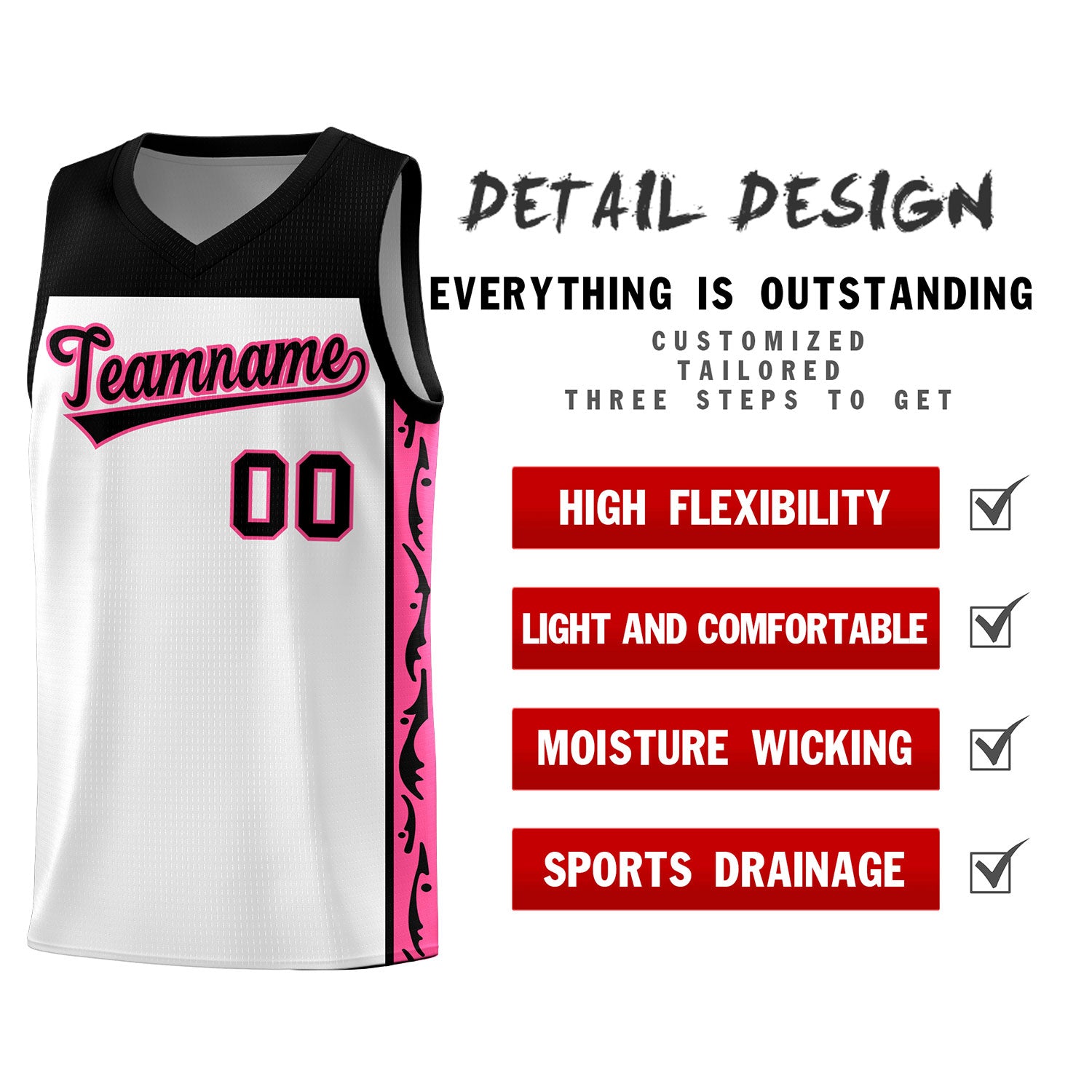 Custom White Side Pattern Sports Uniform Basketball Jersey