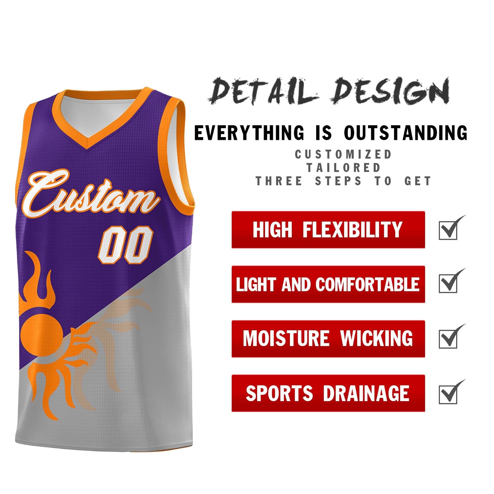 Custom Youth Basketball Jerseys - Purple Gray Sunburst Design Two Tone Uniforms