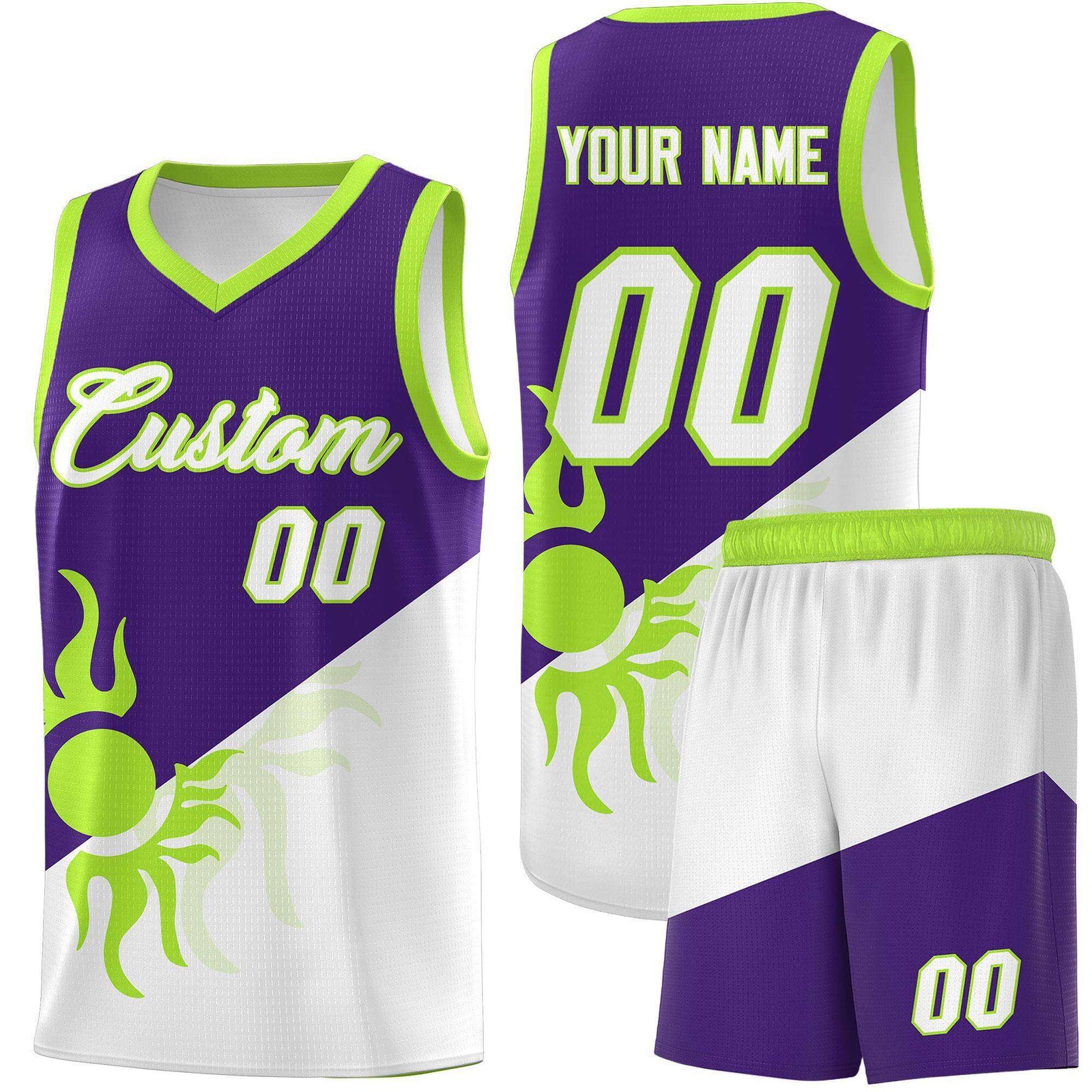 Custom Youth Basketball Jerseys - Purple White Radiant Sun Design Two Tone Uniforms