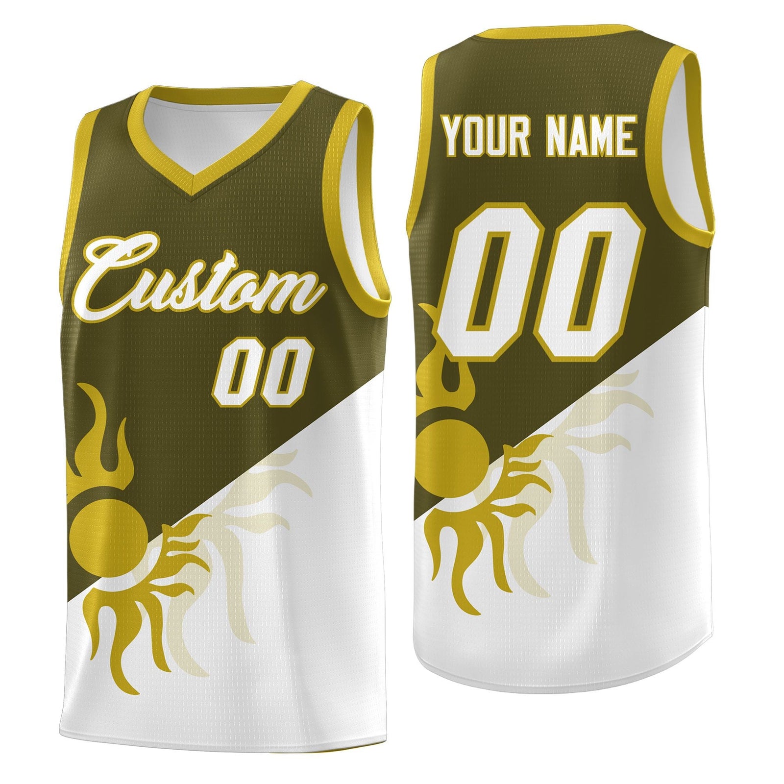 Custom Youth Basketball Jerseys - Olive White Sunburst Design Two Tone Uniforms