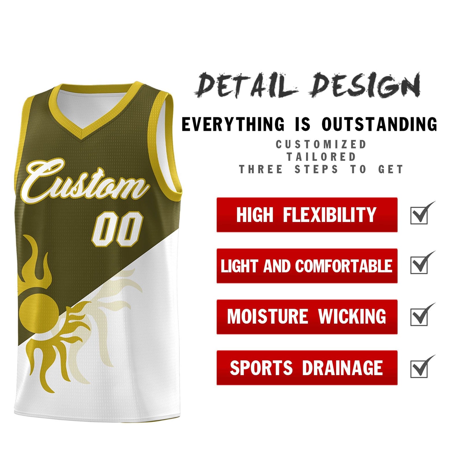 Custom Youth Basketball Jerseys - Olive White Sunburst Design Two Tone Uniforms