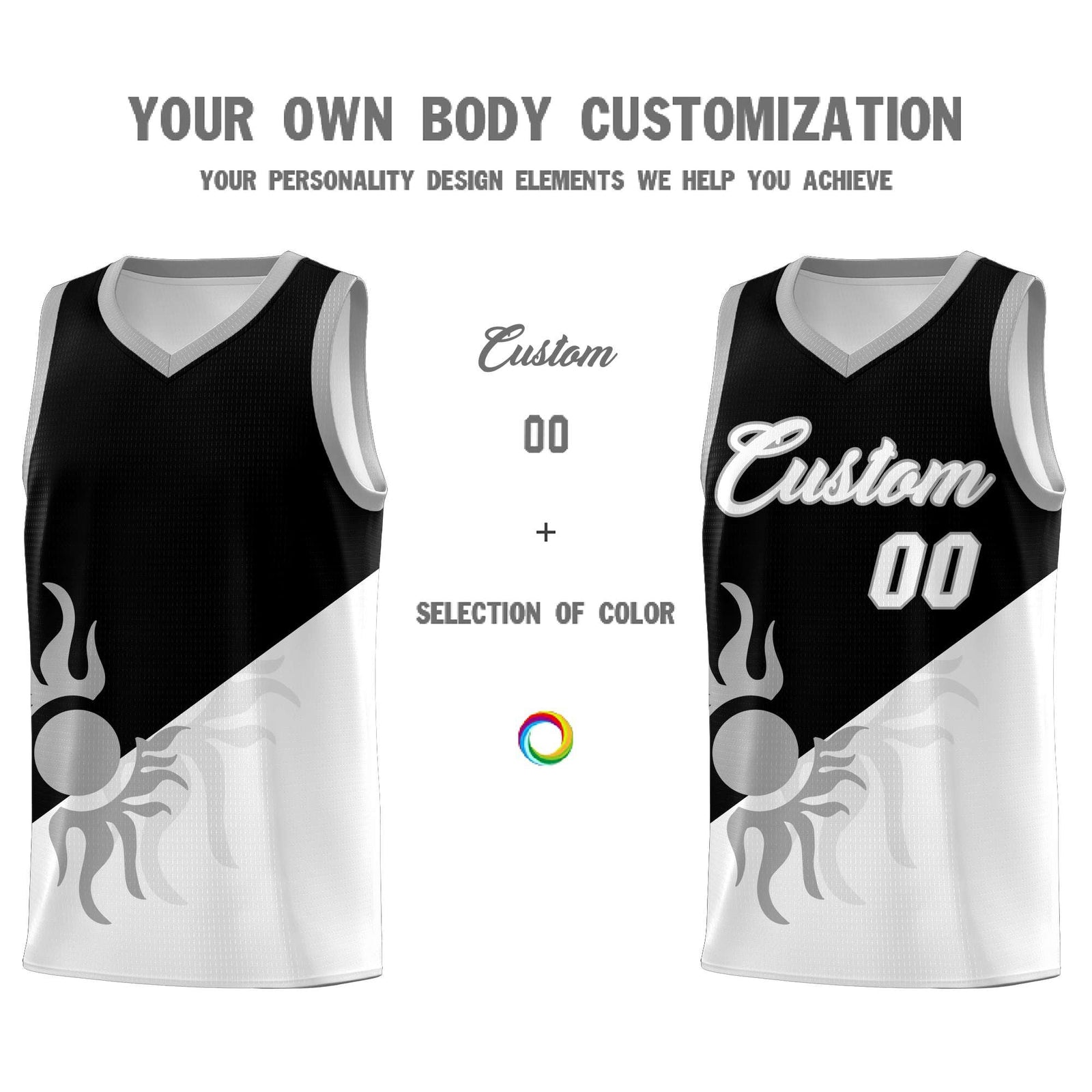 Custom Youth Basketball Jerseys - Black White Radiant Sun Design Two Tone Uniforms