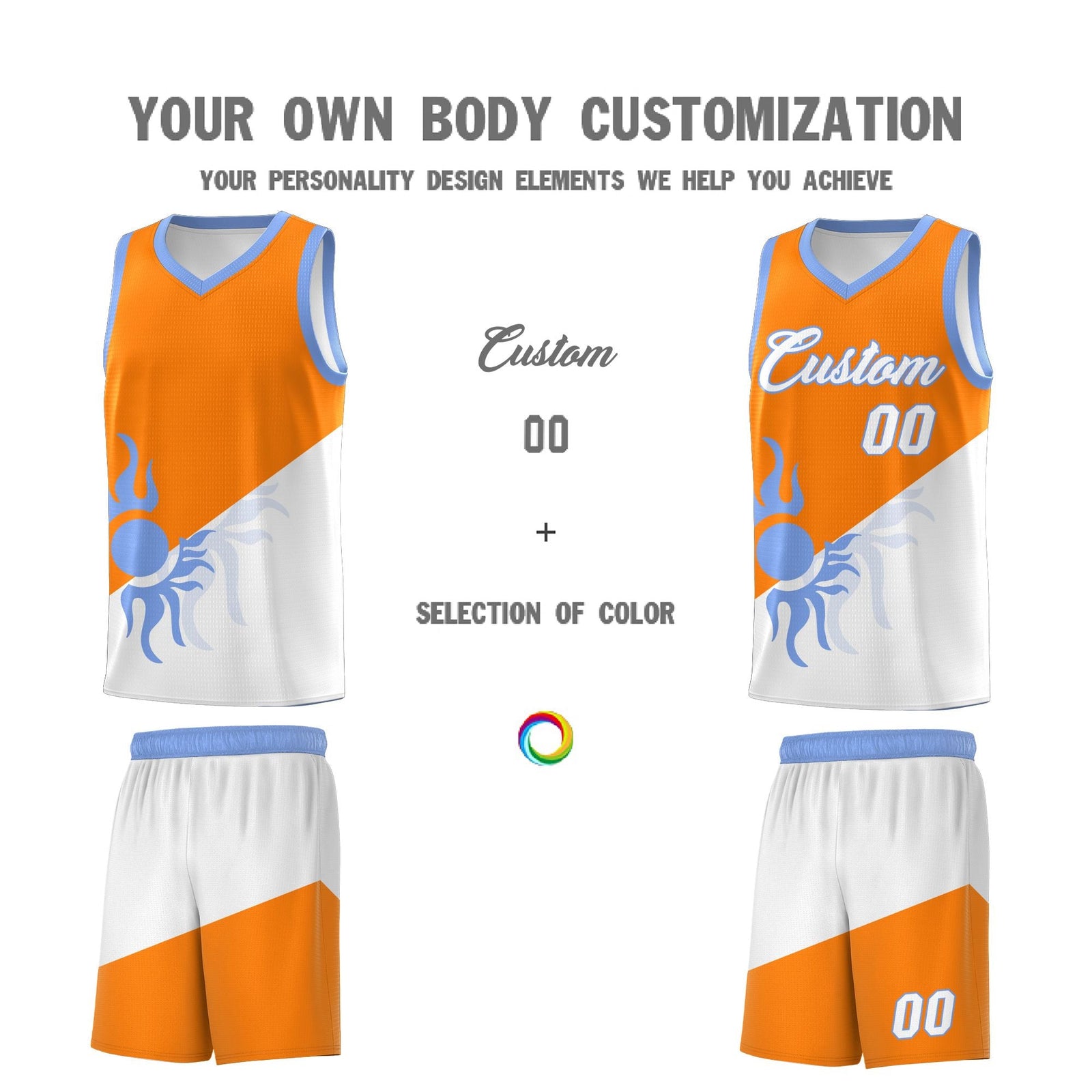 Custom Youth Basketball Jerseys - Orange White Radiant Sun Design Two Tone Uniforms