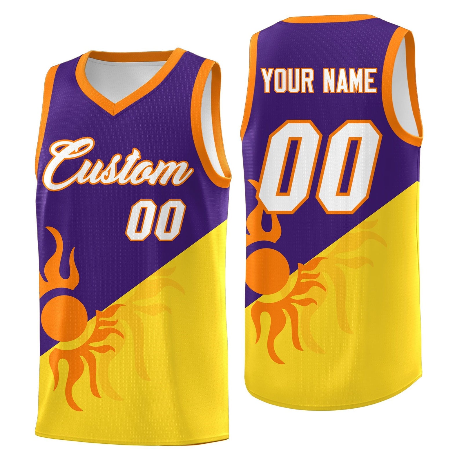 Custom Youth Basketball Jerseys - Purple Gold Radiant Sun Design Two Tone Uniforms
