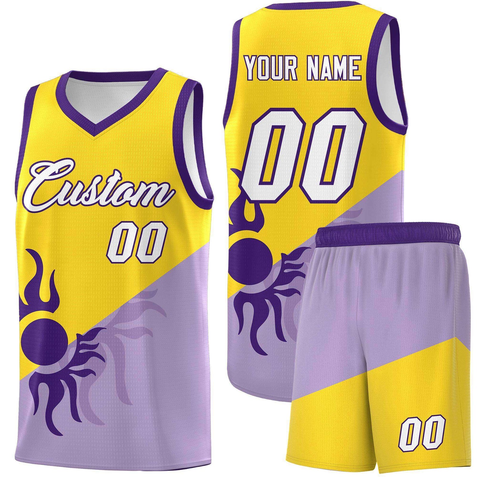 Custom Youth Basketball Jerseys - Light Purple Gold Sunburst Design Two Tone Uniforms