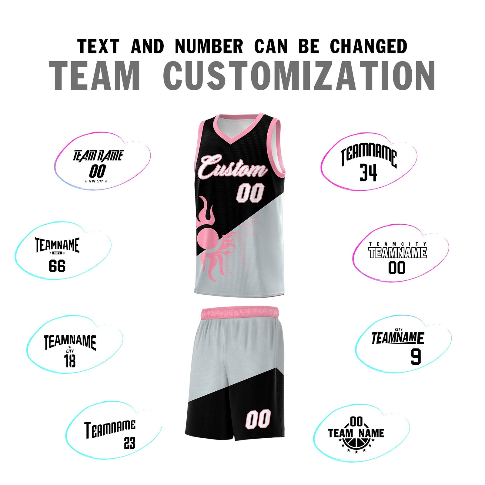 Custom Youth Basketball Jerseys - Black Silver Radiant Sun Design Two Tone Uniforms