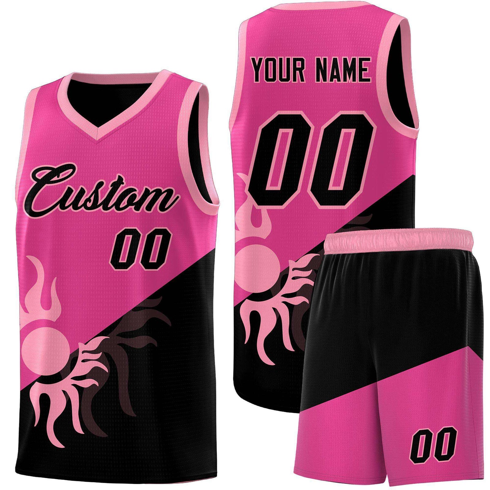 Custom Youth Basketball Jerseys - Rose Red Black Radiant Sun Design Two Tone Uniforms