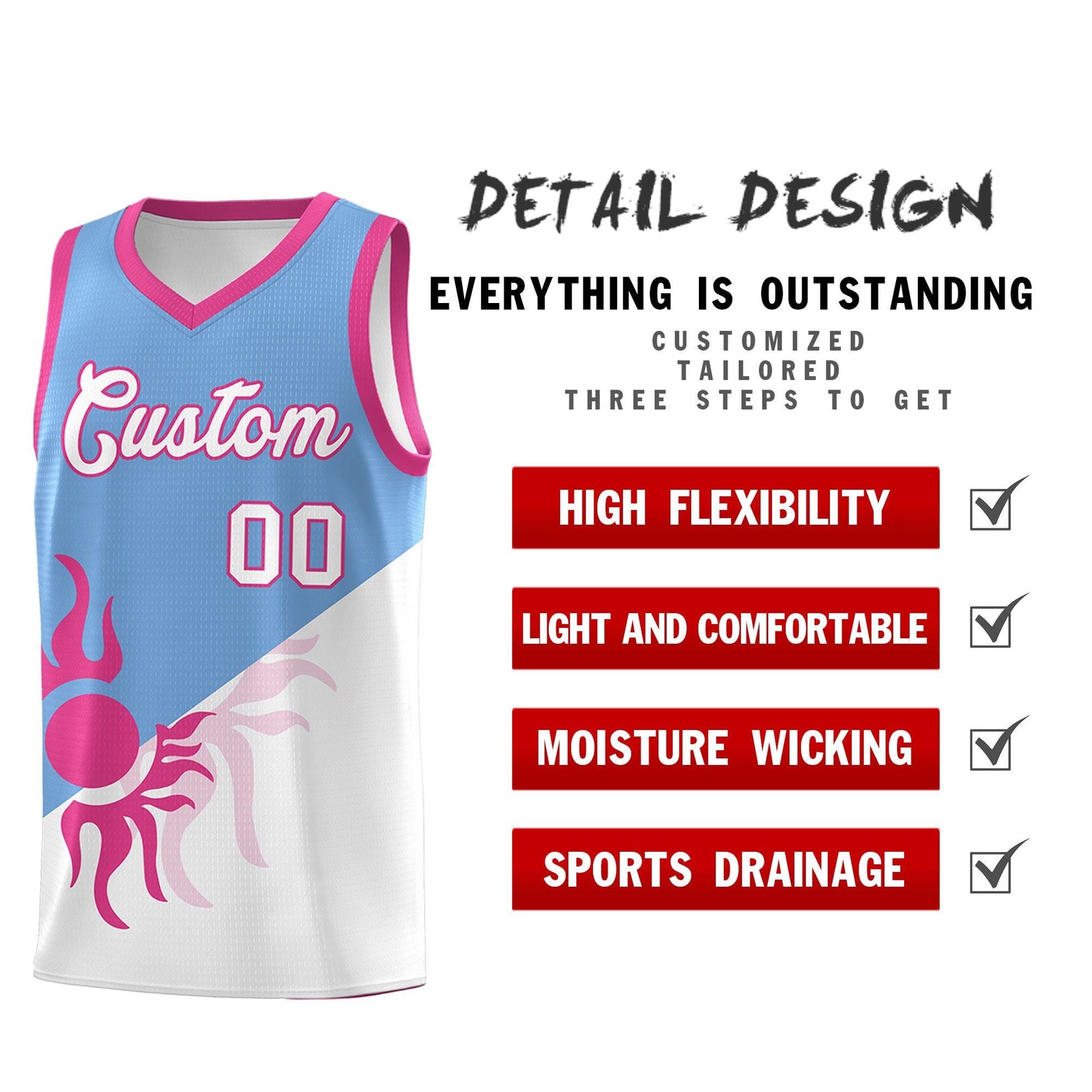 Custom Youth Basketball Jerseys - Powder Blue White Sunburst Design Two Tone Uniforms
