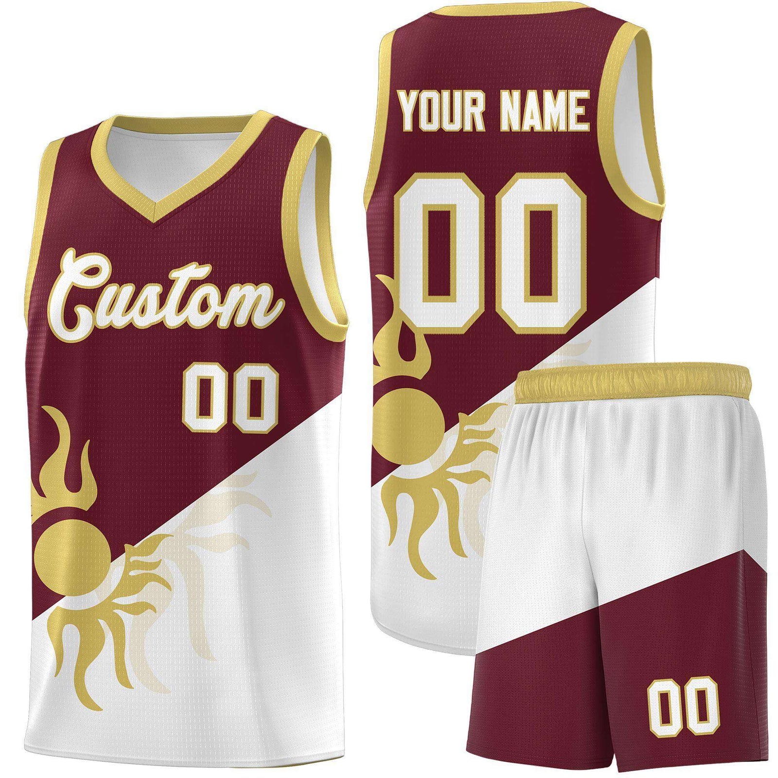 Custom Youth Basketball Jerseys - Burgundy White Sunburst Design Two Tone Uniforms