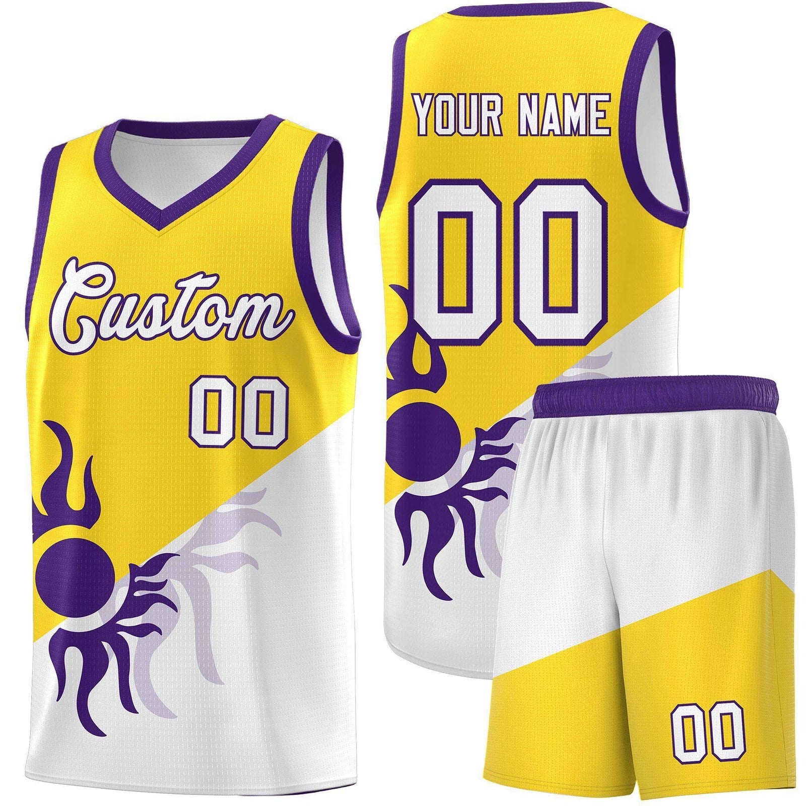 Custom Youth Basketball Jerseys - Gold White Radiant Sun Design Two Tone Uniforms