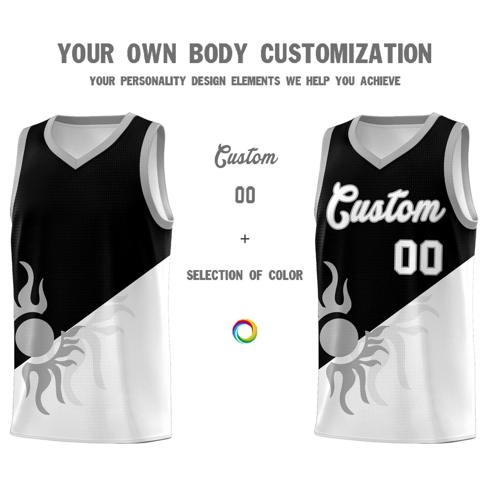 Custom Youth Basketball Jerseys - Black White Radiant Sun Design Two Tone Uniforms