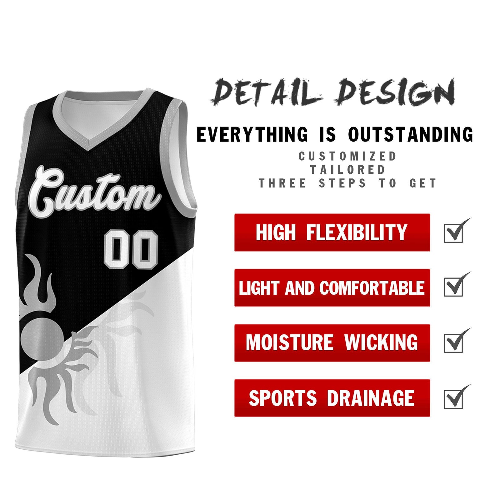 Custom Youth Basketball Jerseys - Black White Radiant Sun Design Two Tone Uniforms