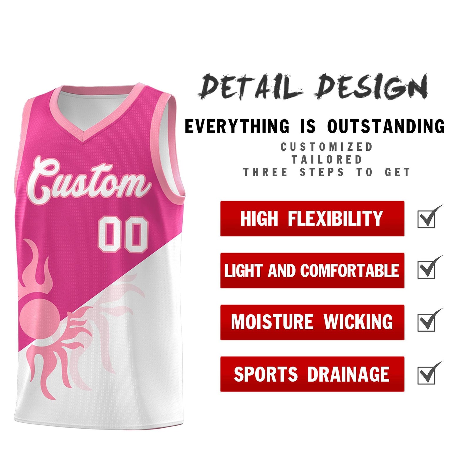 Custom Youth Basketball Jerseys - Rose Red White Radiant Sun Design Two Tone Uniforms
