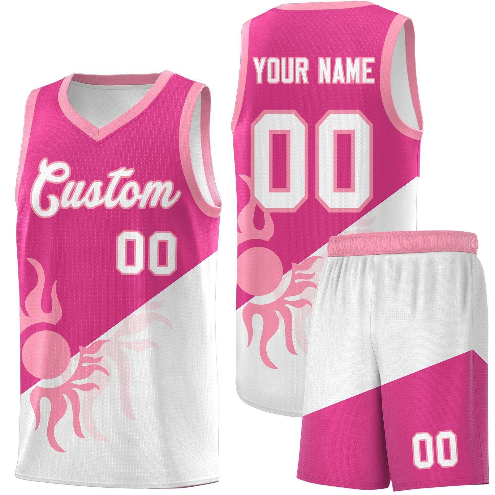 Custom Youth Basketball Jerseys - Rose Red White Radiant Sun Design Two Tone Uniforms