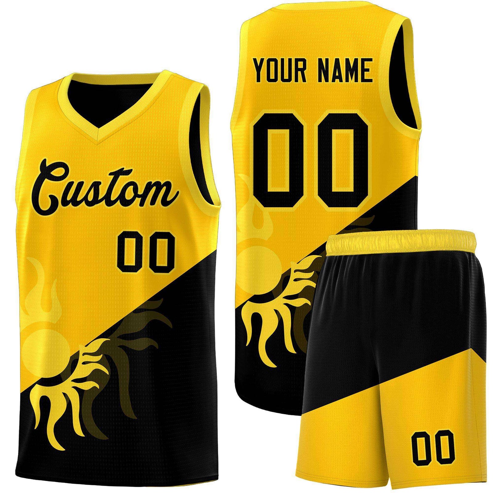 Custom Youth Basketball Jerseys - Yellow Black Sunburst Design Two Tone Uniforms