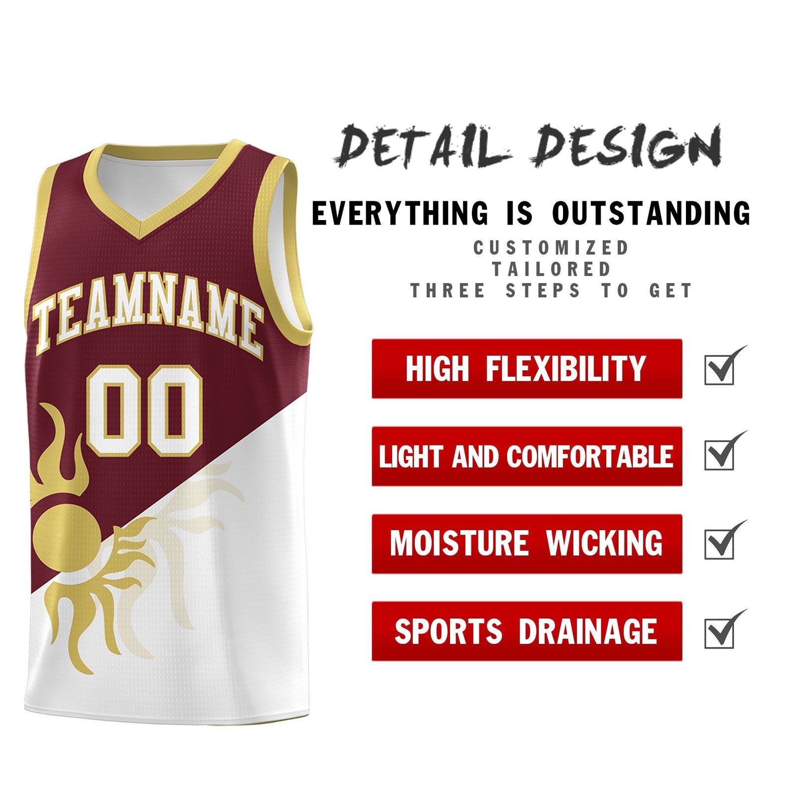 Custom Youth Basketball Jerseys - Burgundy White Sunburst Design Two Tone Uniforms