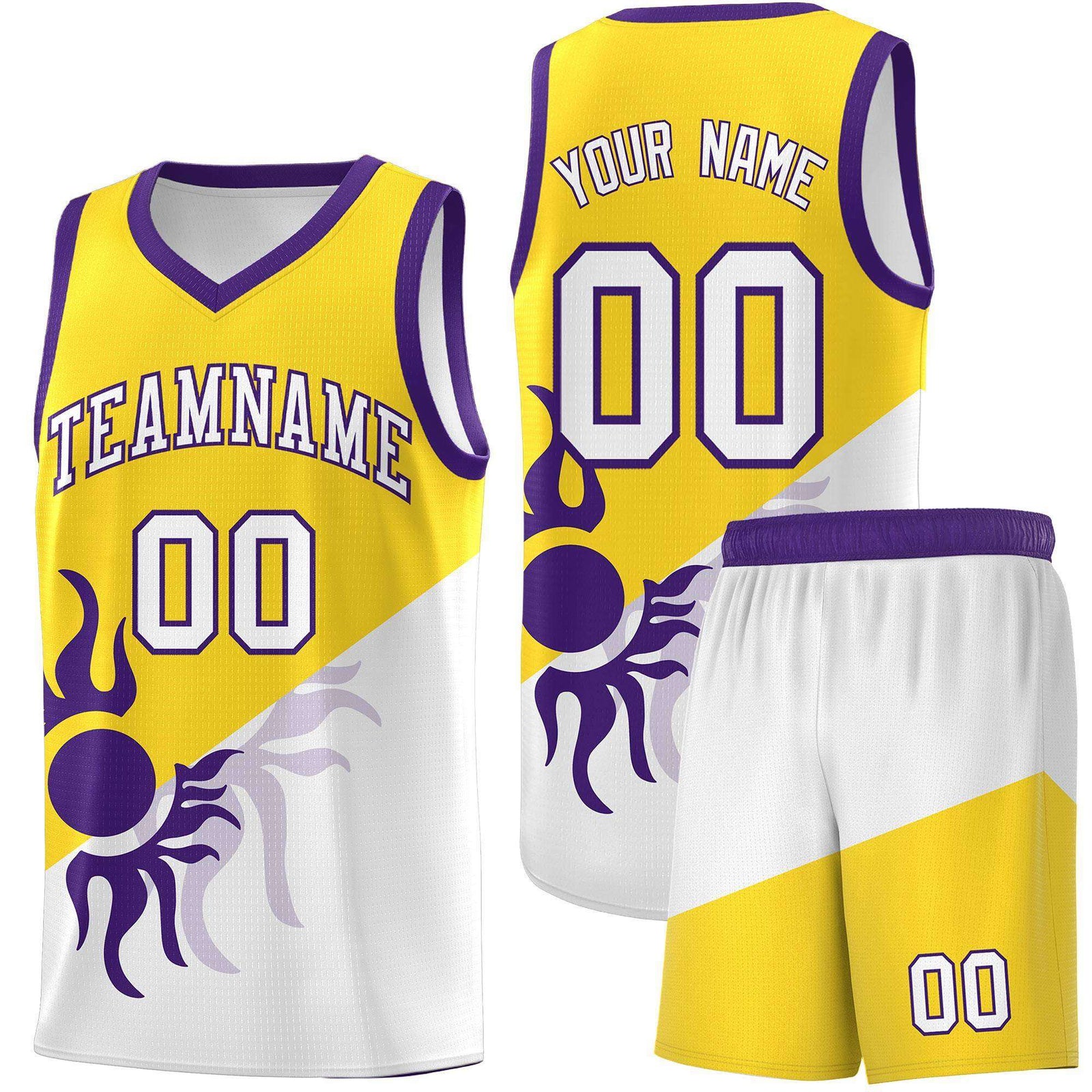 Custom Youth Basketball Jerseys - Gold White Radiant Sun Design Two Tone Uniforms